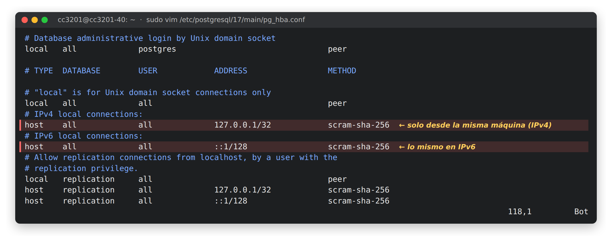 pg_hba.conf antes: solo 127.0.0.1 y ::1 pg_hba.conf antes: solo 127.0.0.1 y ::1